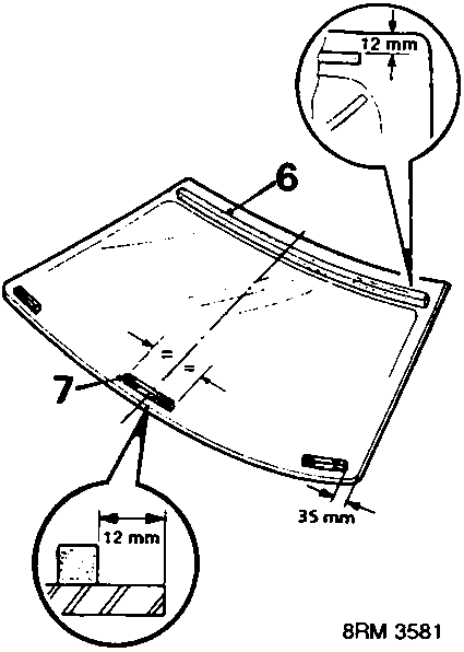Diagram showing the fitting of upper and lower dams to a windscreen, with dimension callouts of 12 mm and 35 mm.