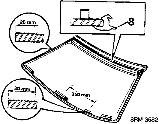 Diagram showing the fitting of new upper moulding to a windscreen, with dimension callouts of 20 mm, 30 mm, and 350 mm.