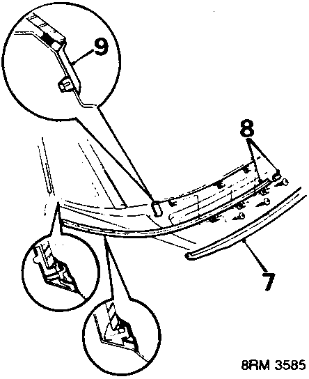 Diagram showing removal of lower moulding cover and stopper brackets with callout numbers 7, 8, and 9