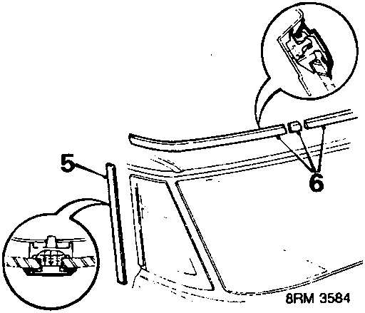 Diagram showing removal of side and upper mouldings with callout numbers 5 and 6