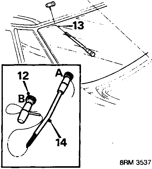 Diagram showing cutting wire handles A and B, and wire 13 and 14 positioned at a windscreen flange