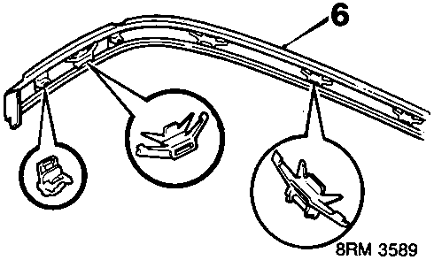 Diagram showing clips 6 positioned in upper mouldings with close-up details