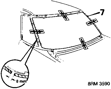 Diagram showing glass with suction cups and stopper brackets, reference 8RM 3590
