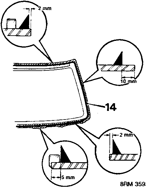 Diagram showing continuous bead of sealer applied around edge of glass, reference 8RM 3593
