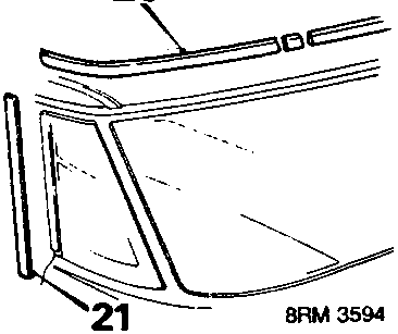 Diagram showing upper and side mouldings on taildoor glass, callouts 20 and 21