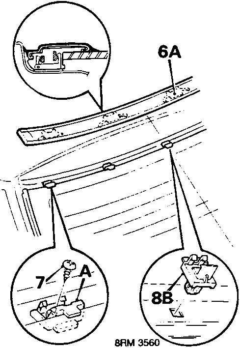 Diagram showing removal of upper moulding and holders from taildoor glass, callouts 6A, 7, A, 8B