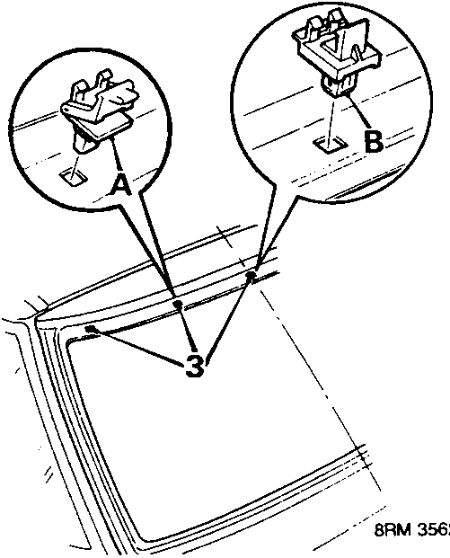 Diagram showing top flange of tailgate with four holders A and central holder B being fitted.