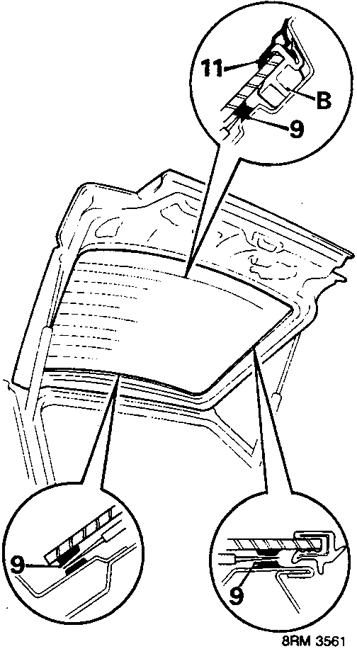Diagram showing tailgate glass with callouts for lower moulding, clips B, and sealer area 9, plus detail views of clip attachment.