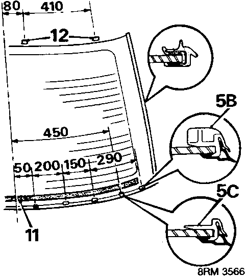 Diagram showing lower moulding fitted to new glass with clips B and C, locating top of glass against holders on the flange, with dimension lines.
