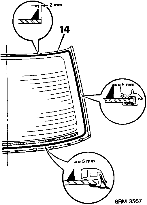 Diagram showing glass installation with 2 mm and 5 mm dimensions, part 14