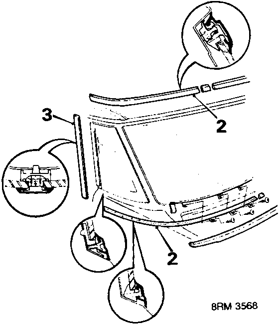 Diagram showing removal of rear quarter finisher, side moulding, and lower moulding from a 4 door vehicle window assembly