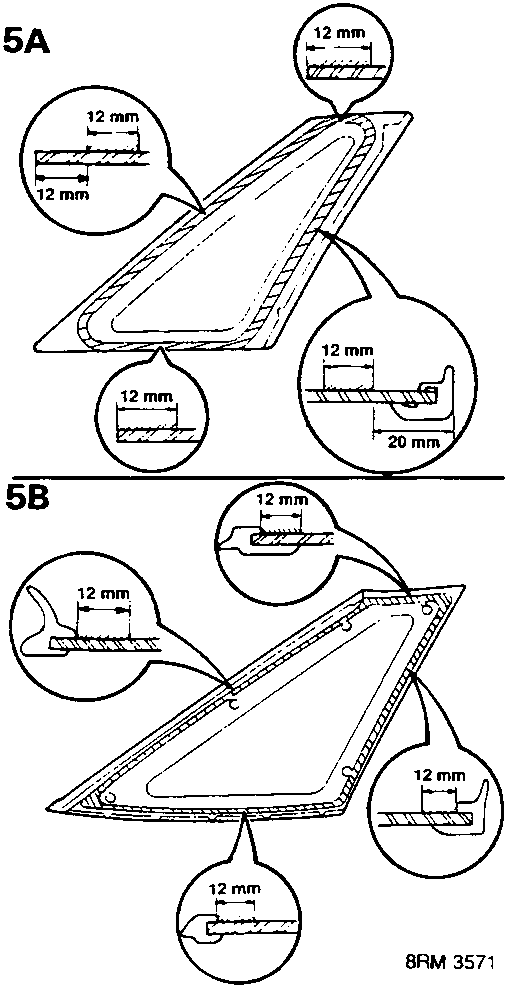 Diagram 5A showing 12 mm wide sealing surface dimensions on glass moulding for 4 door application