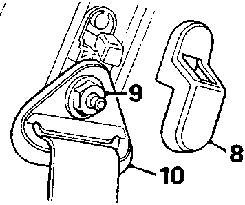Front seat belt upper anchorage showing cover 8, nut 9, and seat belt 10