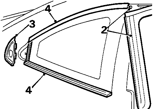 Diagram showing the rear quarter window area with callout numbers 2, 3, and 4 indicating the trim stud, cheater panel, and quarter glass finishers respectively.
