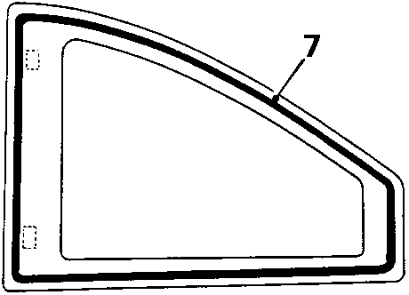 Diagram showing the profile of the quarter glass panel with a thick black bead of base sealer applied around the perimeter, indicated by callout 7.