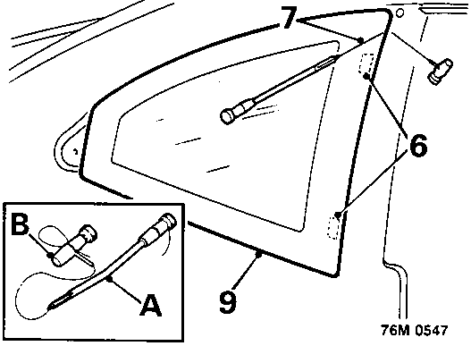 Diagram illustrating the process of cutting through sealant using a cutting wire tool (callouts A and B) and removing the glass panel (callout 9), with the old sealer bead indicated by callout 7.