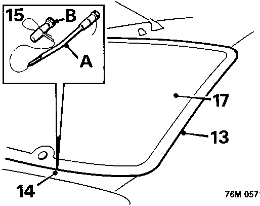Diagram showing the rear window glass with callout numbers 13, 14, 15 (inset A/B), 17 indicating cutting wire and handle positions.