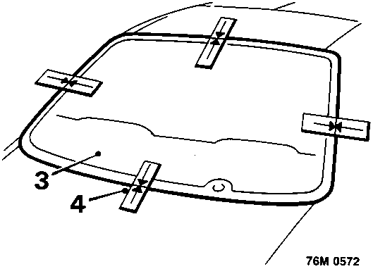 Diagram showing rear window glass positioned on the body aperture with four suction lifters attached at the corners. Callout numbers 3 and 4 indicate the lifters.