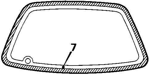 Diagram showing the rear window glass with a hatched band around the perimeter indicating the area to be coated with glass primer. Callout number 7 points to this area.