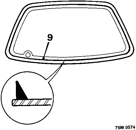 Diagram showing a bead of sealer applied around the edge of a rear window glass, with a callout circle detailing the 12mm high x 8mm base bead profile.