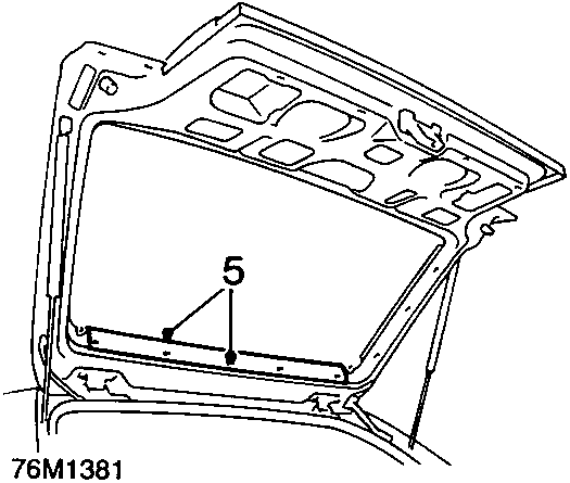 Diagram of the taildoor interior showing the upper trim finisher secured by 5 clips.