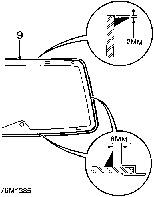 Diagram showing taildoor glass aperture with callouts indicating a 2MM bead thickness and an 8MM flange width, labeled with part number 9.