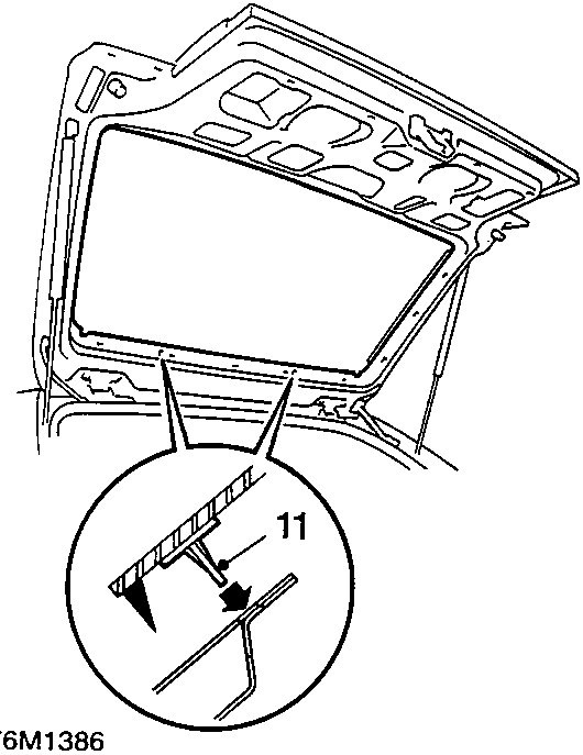 Diagram showing taildoor glass being lowered onto the flange with a tool, labeled with part number 11.