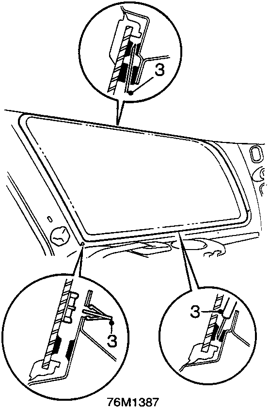 Diagram showing removal of rear quarter glass sealer and clips, with callout number 3 on the clip assembly. Figure code 76M1387.