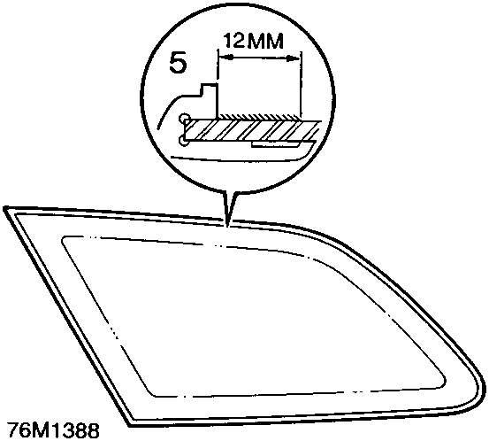 Diagram showing rear quarter glass with a 12mm wide sealing area indicated on the moulding. Figure code 76M1388.