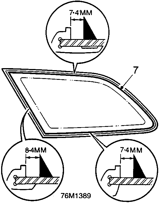 Diagram of a glass window frame with three callout circles showing sealer bead dimensions of 7.4MM, 8.4MM, and 7.4MM at different points. Figure number 76M1389 is printed below the diagram.