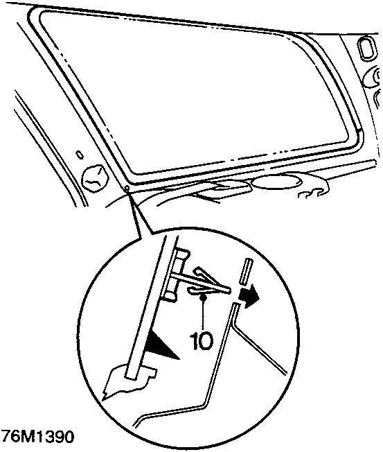 Diagram showing a glass window being fitted into a car body aperture. A circular callout zooms in on a clip mechanism engaging, labeled with the number 10. Figure number 76M1390 is printed below the diagram.