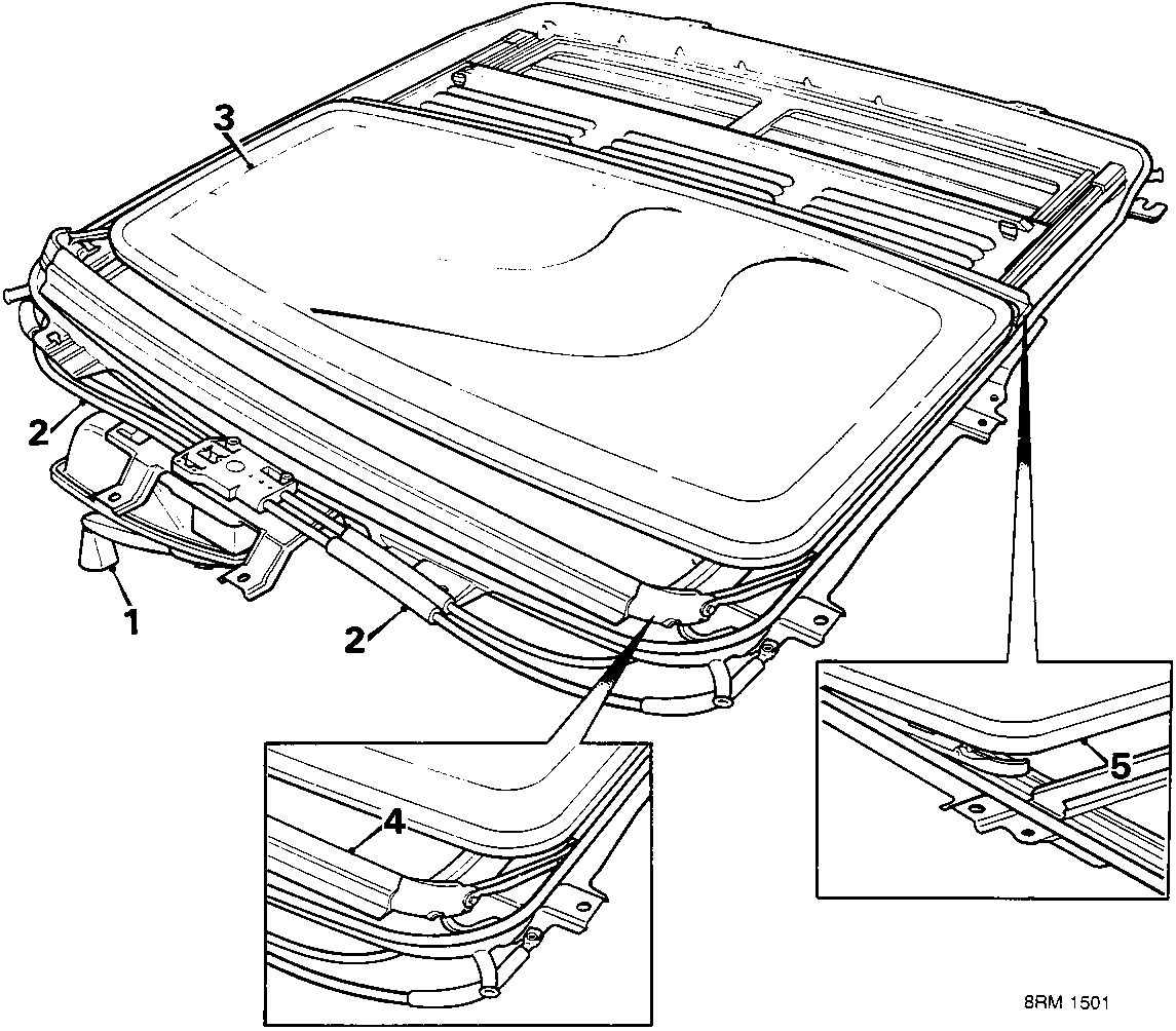 Diagram of a sun roof assembly showing numbered components: handle (1), cables (2), glass panel (3), front deflector (4), and rear edge of glass panel (5).