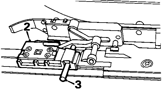 Diagram showing the internal drive gear mechanism of a sun roof with callout numbers 2 and 3 indicating the guide rail and alignment pin locations.