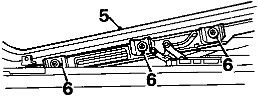 Diagram showing the side mechanism of a sun roof assembly with callout numbers 5 and 6 indicating guide rails and screws.