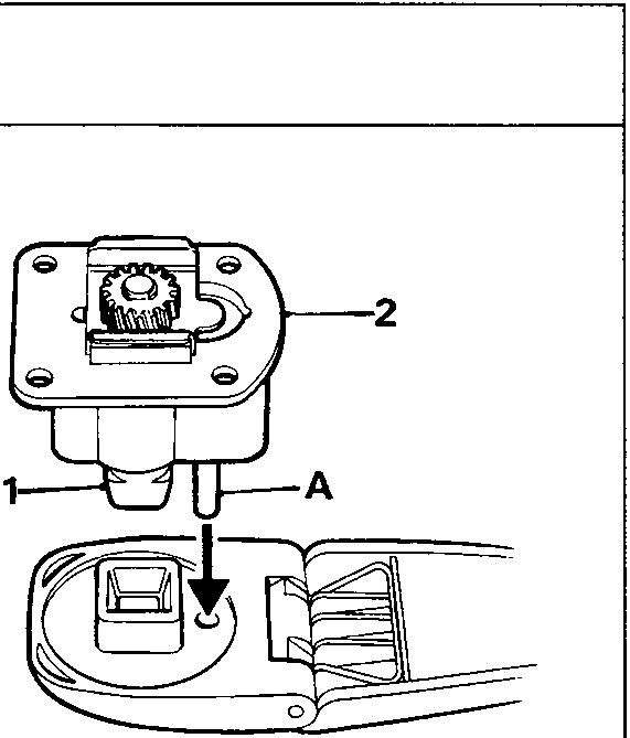 Diagram showing drive gear shaft (1) and locking pin (A) engaging with handle component (2)