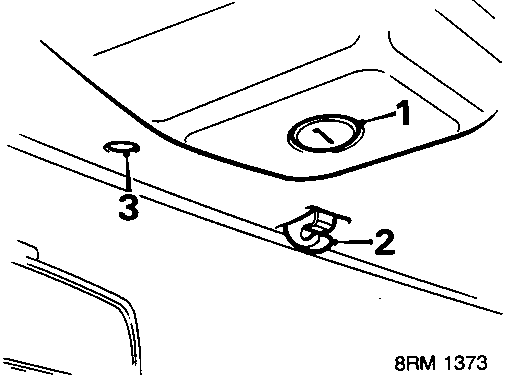 Diagram showing sun roof motor access plug, sun visor clips, and front fixing stud on headlining