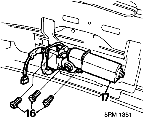 Diagram showing sun roof motor mounting bracket with screws labeled 16 and motor labeled 17, code 8RM 1381