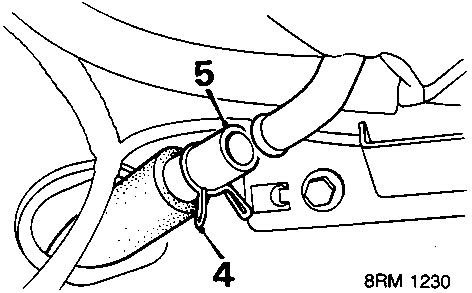 Diagram showing drain tube clips labeled 5 and 4, code 8RM 1230