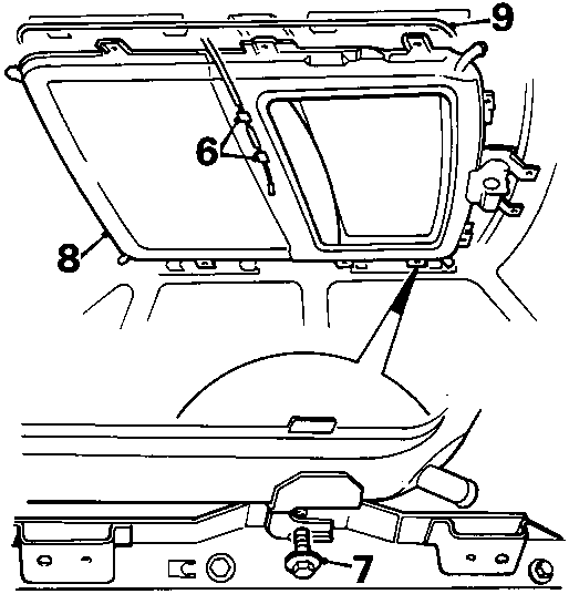 Diagram showing sun roof assembly interior view with interior lamp wiring clips labeled 6, bolts labeled 7, grab handles labeled 8, and access plug labeled 9, code 8RM 1231