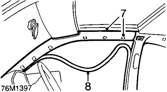 Diagram showing the sun roof assembly installed in the roof panel with callout numbers 7 and 8 indicating trim and seal locations