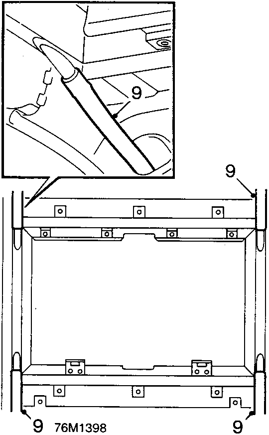 Diagram showing the T-bar sun roof frame structure with callout number 9 indicating the drain tube connection points at the corners