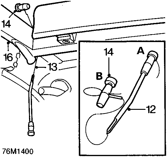 Diagram showing cutting wire tool in handle A, with callouts 14 (handle B), 16 (wire end), and 13 (cutting through seal). Inset shows detail of handles and wire. Figure code 76M1400 at bottom left.