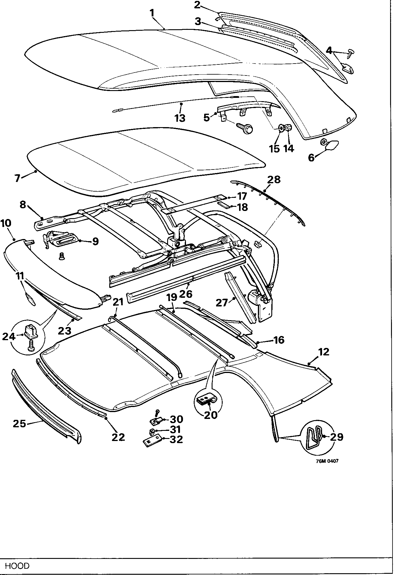 Exploded view diagram of the convertible hood assembly showing components including the fabric cover, frame mechanism, trim pieces, and various fasteners and brackets.