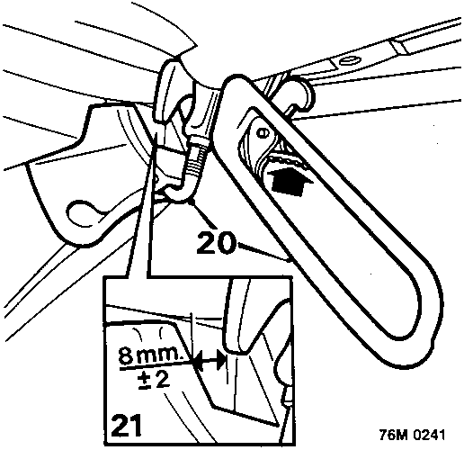 Diagram showing hood handle hooks engaging A post locations with measurement callouts 20 and 21 indicating 8mm ± 2 gap