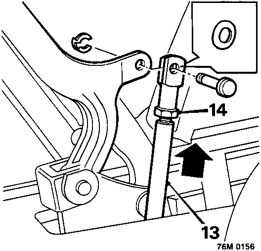 Diagram showing hood ram and clevis pin alignment with callout numbers 13 and 14
