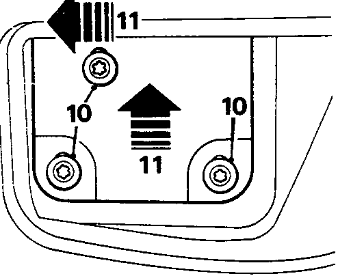 Diagram showing hood hinge bracket fixings with callout numbers 10 and 11