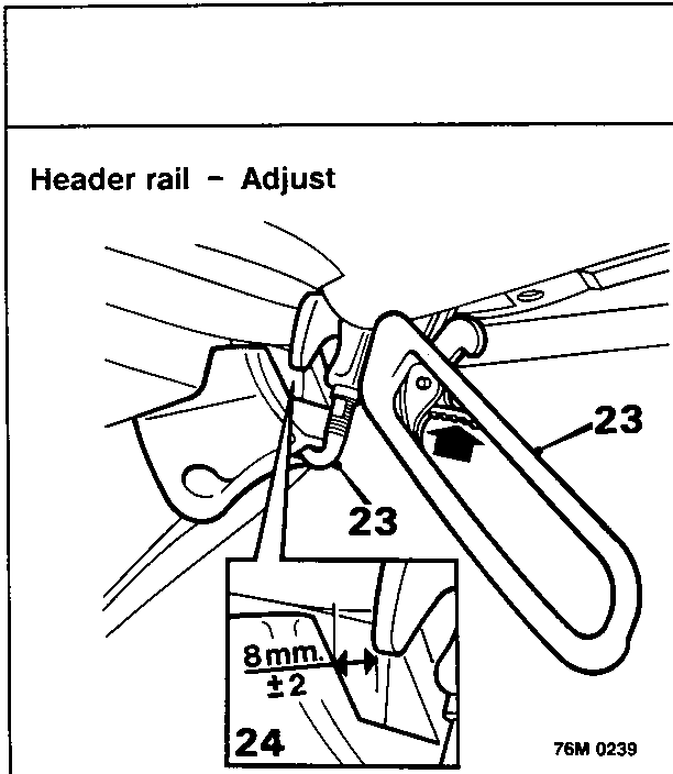 Diagram showing hood handle hooks engaging into 'A' post locations, with a detail view indicating a gap of 8mm ± 2mm between header location pins and plastic striker plates.