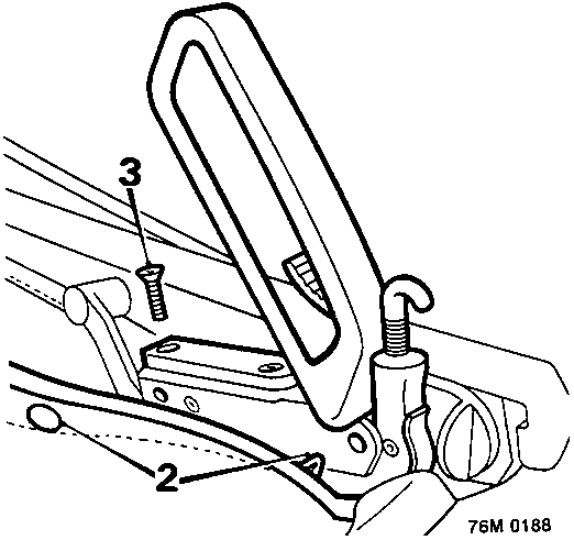 Diagram showing hood handle assembly with callout numbers 2 (headlining trim studs) and 3 (countersunk screw)