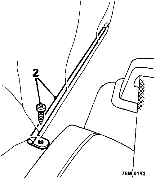 Diagram showing headlining tension rod screws being removed at either side of the rear shelf, callout 2.