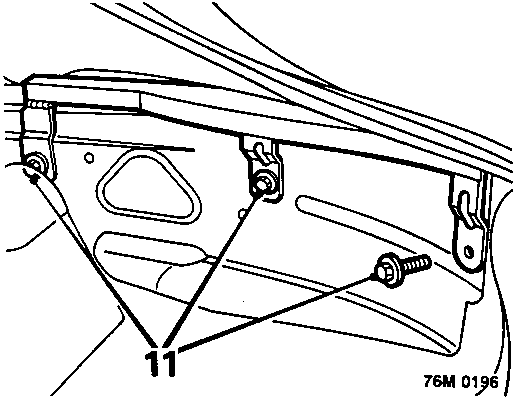 Diagram showing screws securing hood rear quarters to inside of body, callout number 11